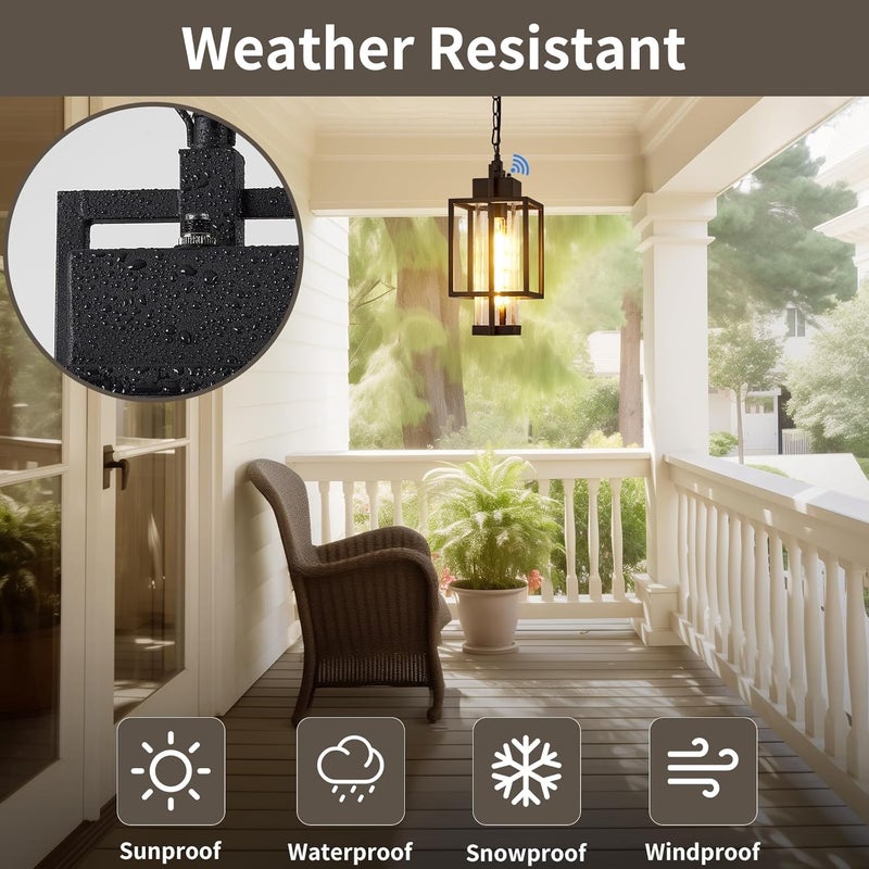 Osimir Outdoor Pendant Light, 16" Dusk to Dawn Exterior Chandelier Porch Hanging Light with Clear Glass, Modern Black Outdoor Hanging Lantern for Porchs Gazebo, OS-KY1006 - Image 2
